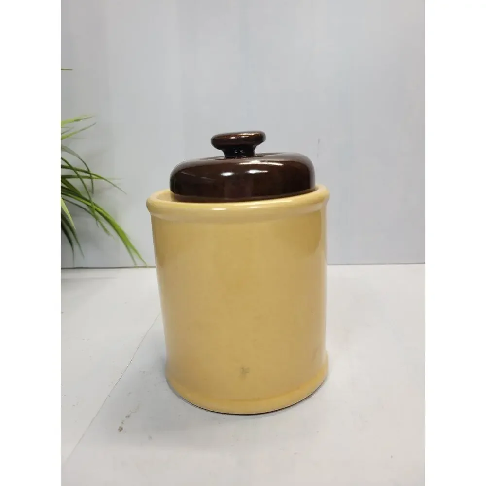 Vintage Asake Tea Canister Stoneware Brown Yellow 1970s Retro Kitchen Japan